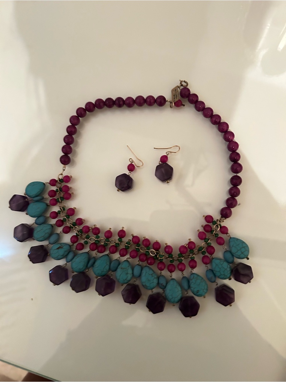 Bold Teal and Plum Beaded Statement Necklace and Earring Set